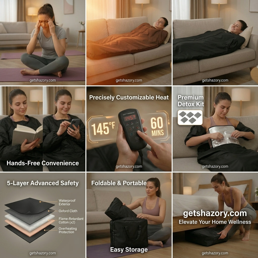 A multi-panel feature guide for the Shazory portable infrared sauna blanket, highlighting stress relief, hands-free arm sleeves for reading and phone use, precisely customizable heat settings, a premium detox kit, 5-layer advanced safety construction, and its easy foldable storage, available at getshazory.com
