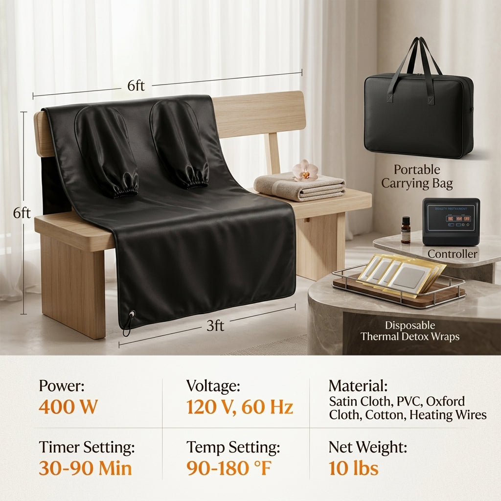 A technical specifications guide for the Shazory portable infrared sauna blanket with arm sleeves, displaying its 6ft by 3ft dimensions, digital controller, portable carrying bag, and disposable thermal detox wraps, along with detailed power, temperature, and material specs, available at getshazory.com