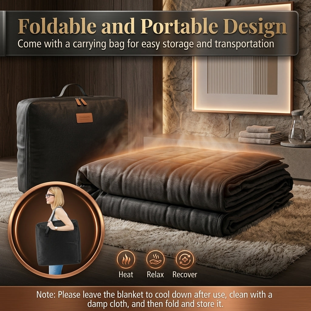 An infographic highlighting the foldable and portable design of the Shazory infrared sauna blanket, showing the neatly folded thermal wrap, a woman using the included carrying bag for easy transportation, and basic care instructions, available at getshazory.com
