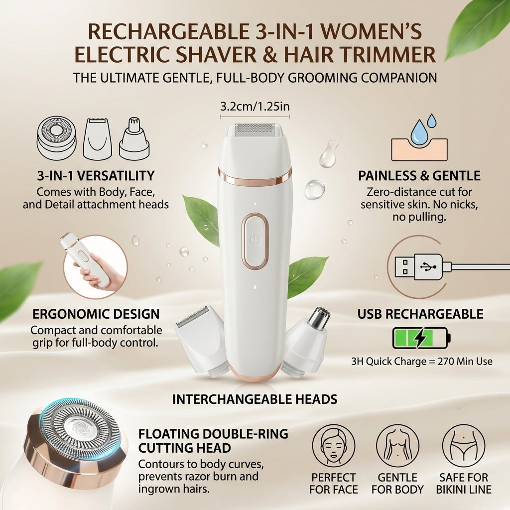 A detailed features infographic for the Shazory 3-in-1 women’s electric shaver, highlighting its ergonomic design, USB quick charge, and painless grooming for face, body, and bikini line, available at getshazory.com
