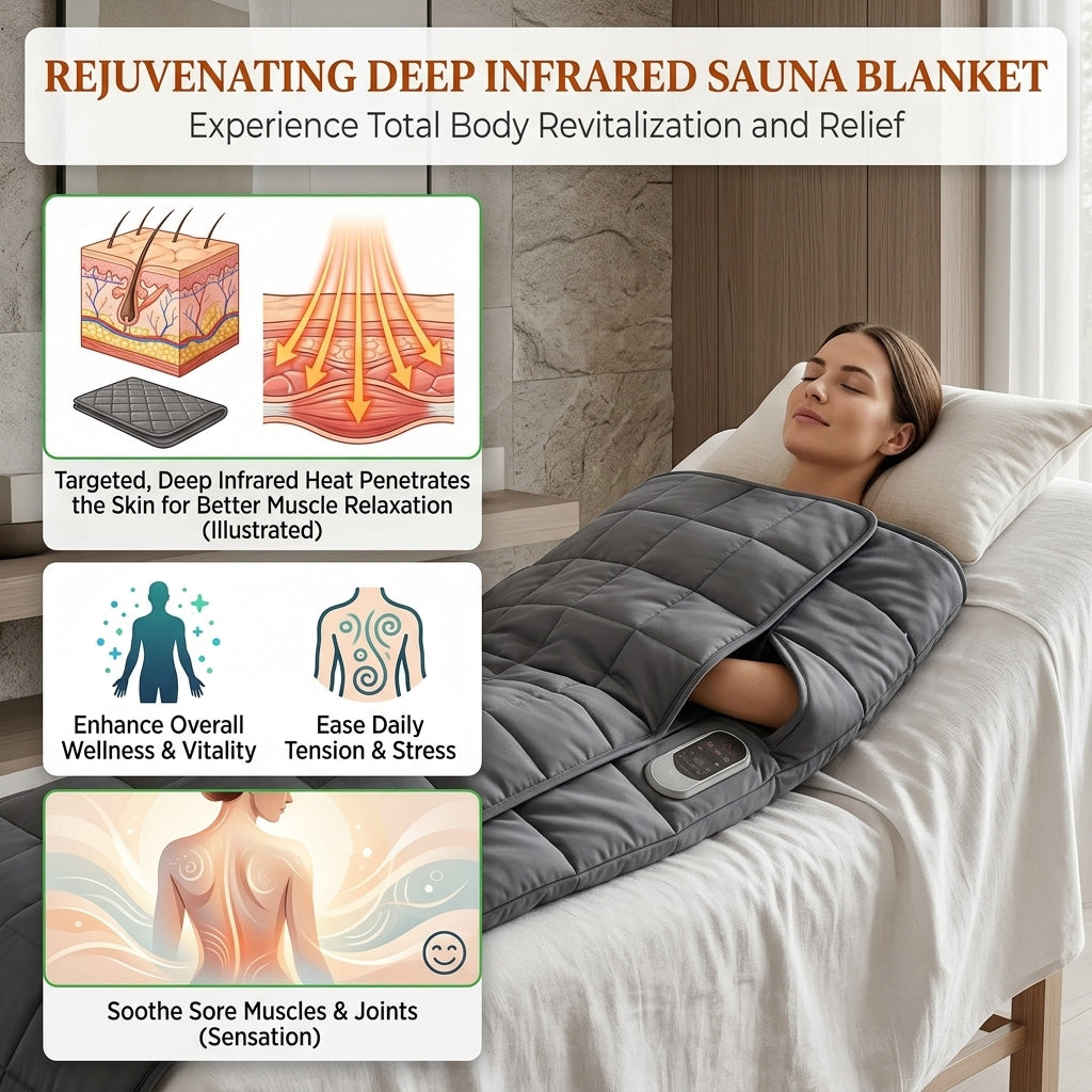 An informative infographic for the Shazory rejuvenating deep infrared sauna blanket, illustrating how targeted heat penetrates the skin to soothe sore muscles, ease daily tension, and enhance overall wellness, featuring a woman relaxing in the gray thermal wrap, available at getshazory.com