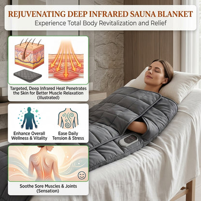 An informative infographic for the Shazory rejuvenating deep infrared sauna blanket, illustrating how targeted heat penetrates the skin to soothe sore muscles, ease daily tension, and enhance overall wellness, featuring a woman relaxing in the gray thermal wrap, available at getshazory.com