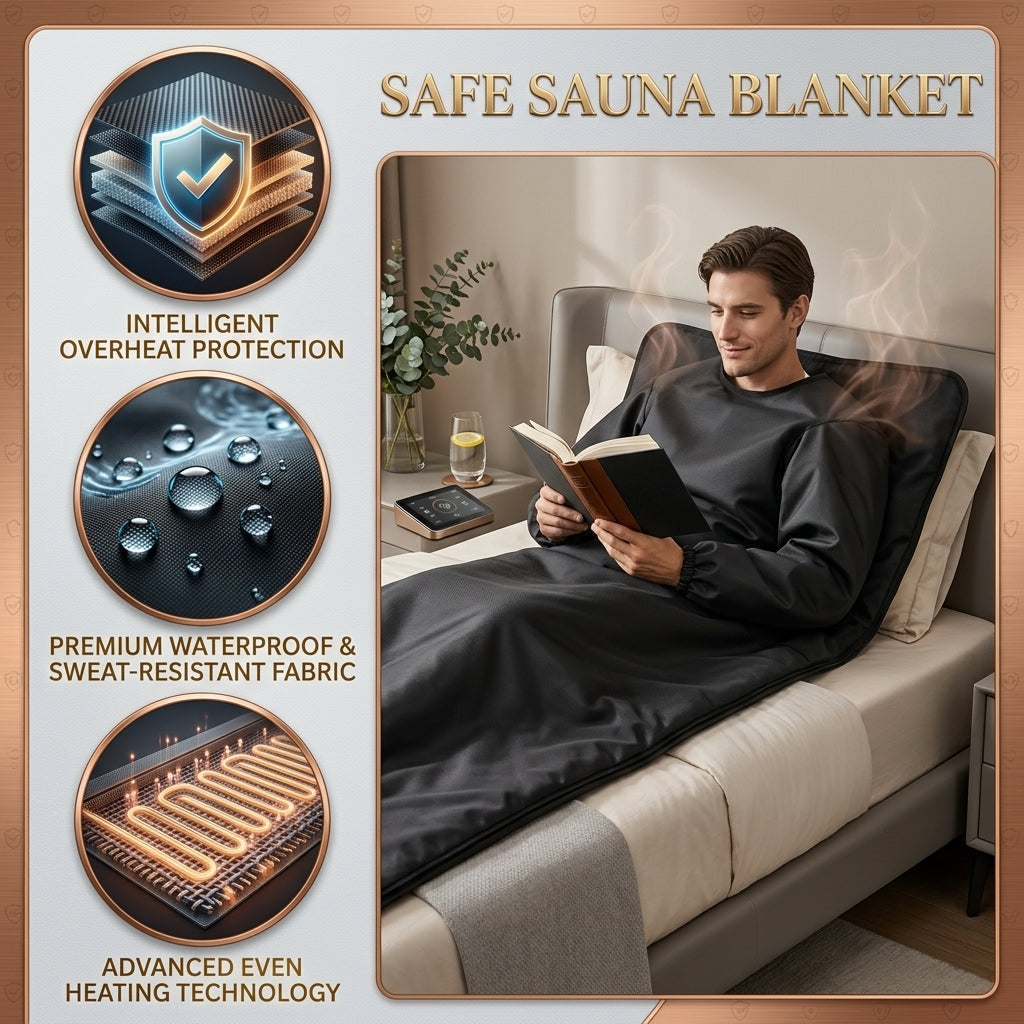 An infographic detailing the safety features of the Shazory infrared sauna blanket with arm sleeves, showing a man reading in bed while using the device. It highlights intelligent overheat protection, premium waterproof and sweat-resistant fabric, and advanced even heating technology, available at getshazory.com