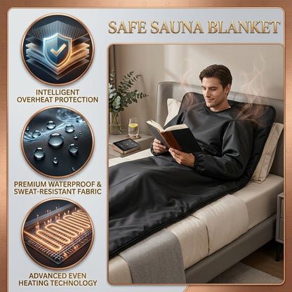 An infographic detailing the safety features of the Shazory infrared sauna blanket with arm sleeves, showing a man reading in bed while using the device. It highlights intelligent overheat protection, premium waterproof and sweat-resistant fabric, and advanced even heating technology, available at getshazory.com