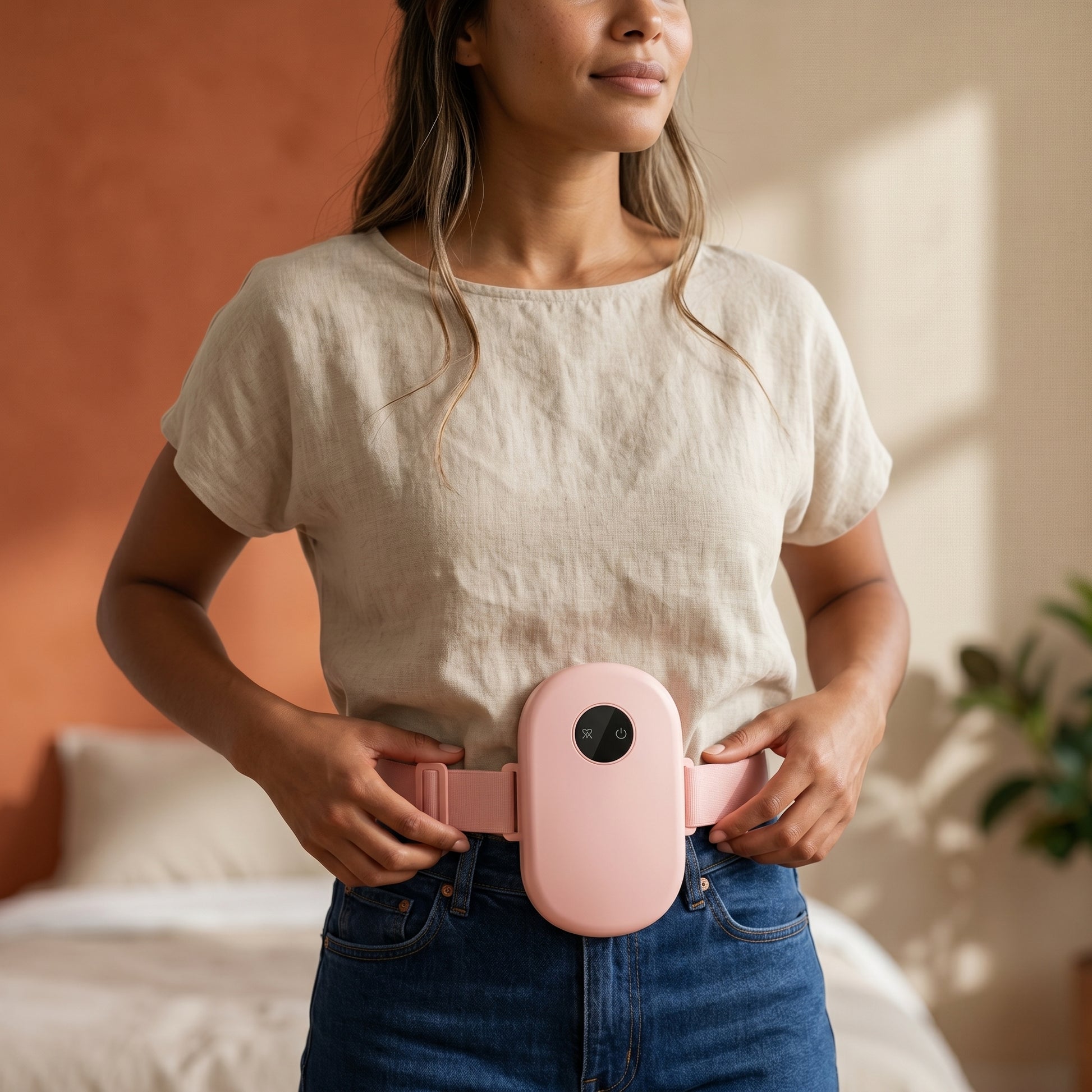Infographic detailing the premium features of the pink wearable heating pad, including intelligent temperature control, quiet noiseless design, and soft body-fitting material, available at getshazory.com