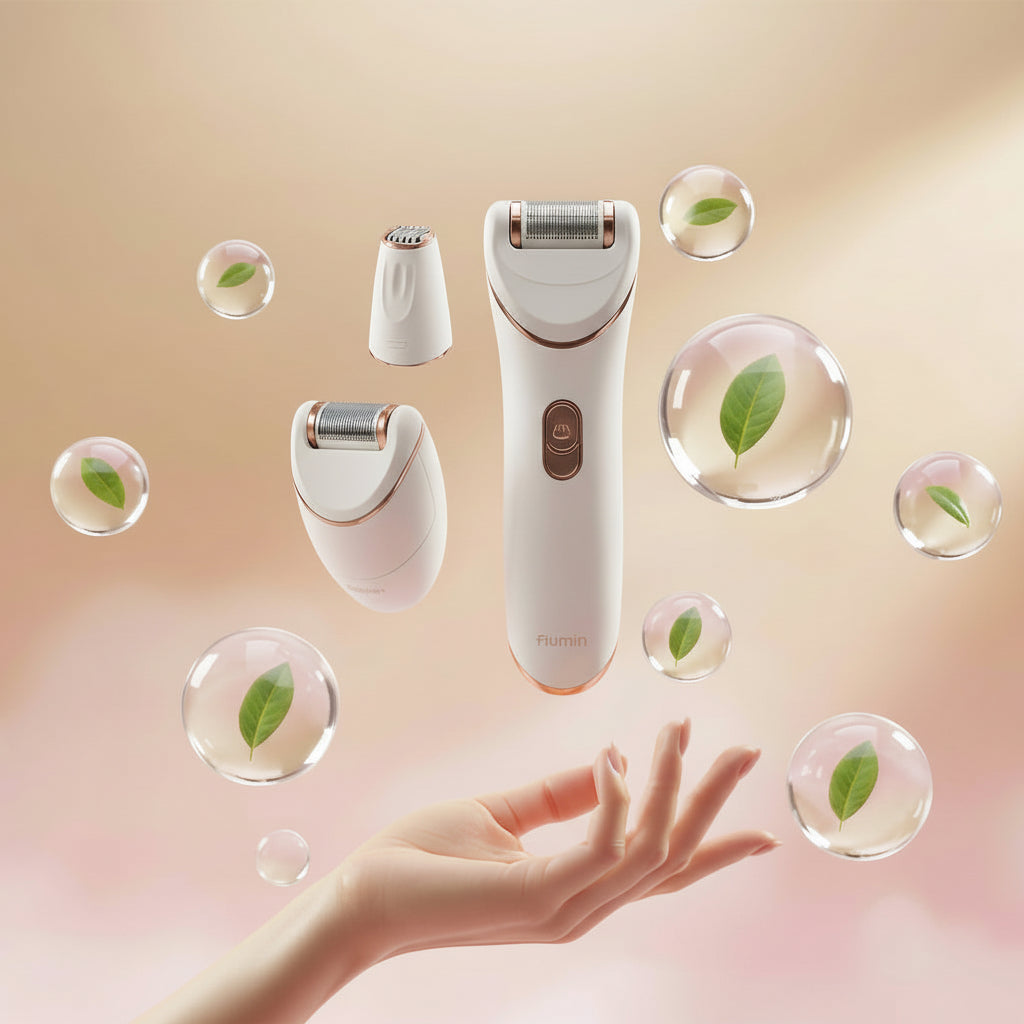A woman's hand is shown beneath the floating Shazory 3-in-1 electric shaver and epilator kit, displaying the main device and its various attachments surrounded by floating bubbles, available at getshazory.com