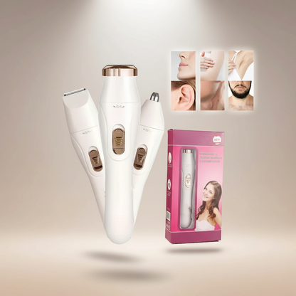Floating product display of the Shazory 3-in-1 women's electric shaver, including the retail box and icons showing usage for face, arms, underarms, ears, neck, and beard, available at getshazory.com