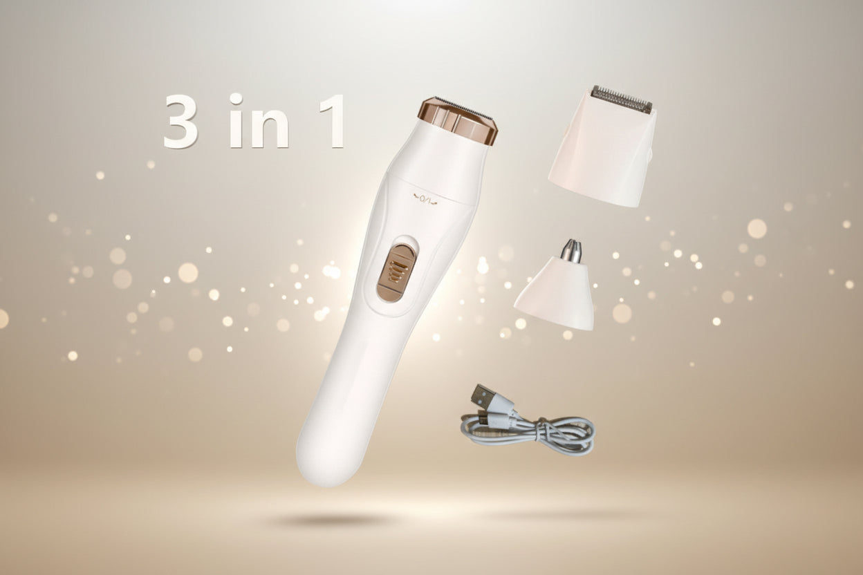 Shazory 3-in-1 women’s electric grooming kit including the main shaver, nose hair trimmer attachment, detail trimmer head, and USB charging cable, available at getshazory.com