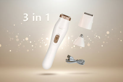 Shazory 3-in-1 women’s electric grooming kit including the main shaver, nose hair trimmer attachment, detail trimmer head, and USB charging cable, available at getshazory.com