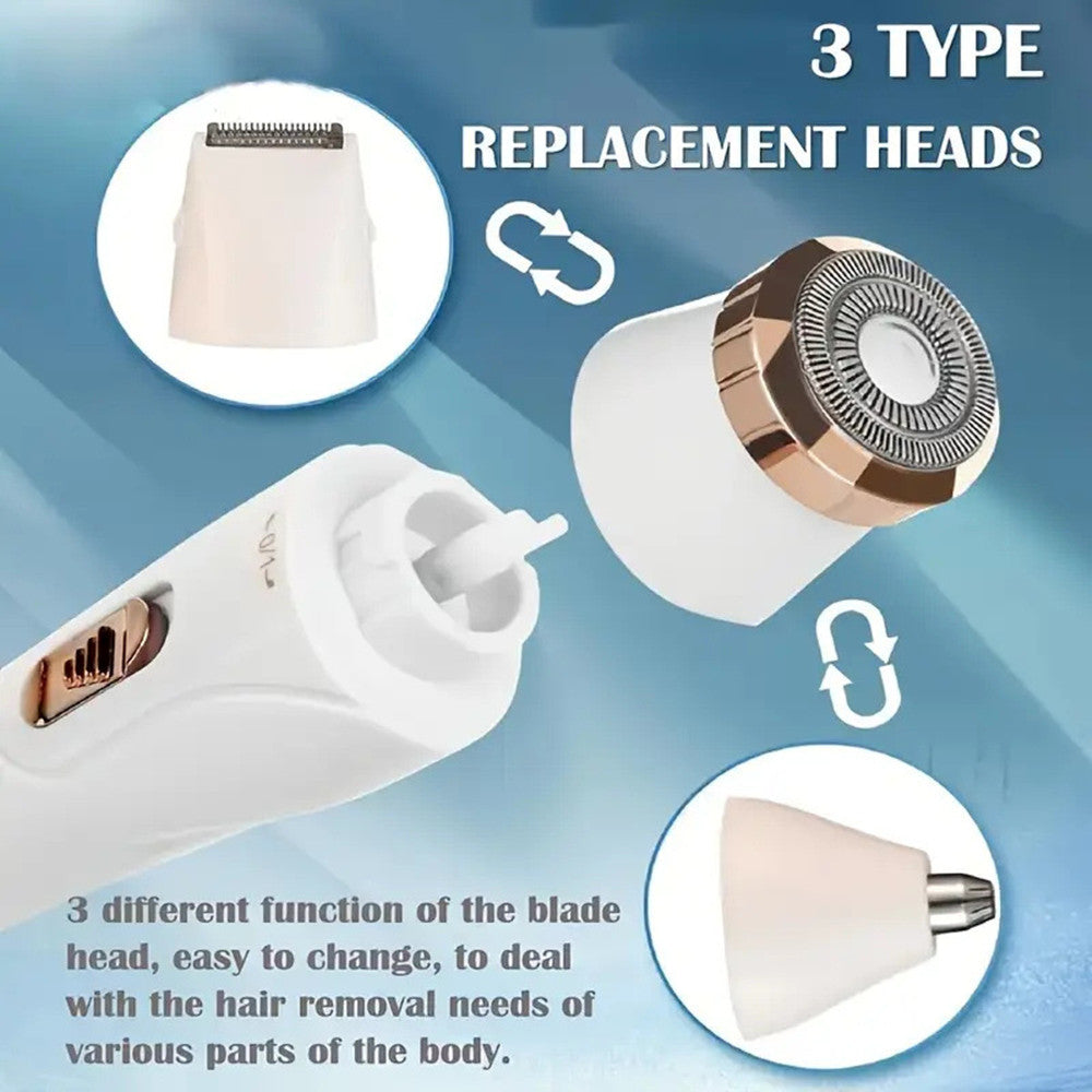 Infographic showing the three interchangeable replacement heads for the Shazory women’s grooming kit, including a foil shaver, precision trimmer, and nose hair attachment, available at getshazory.com