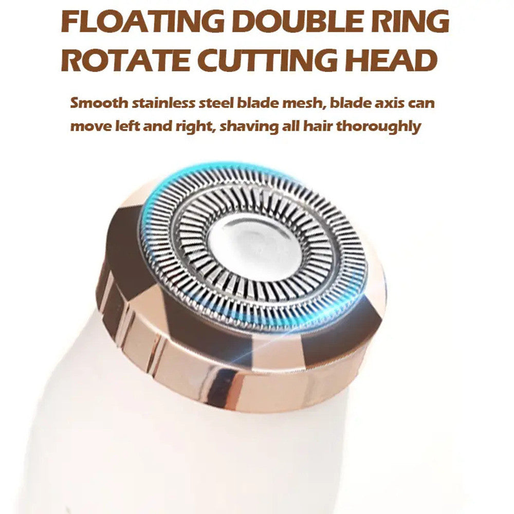 Close-up of the Shazory women's electric shaver featuring a floating double-ring rotate cutting head and smooth stainless steel blade mesh for a thorough shave, available at getshazory.com