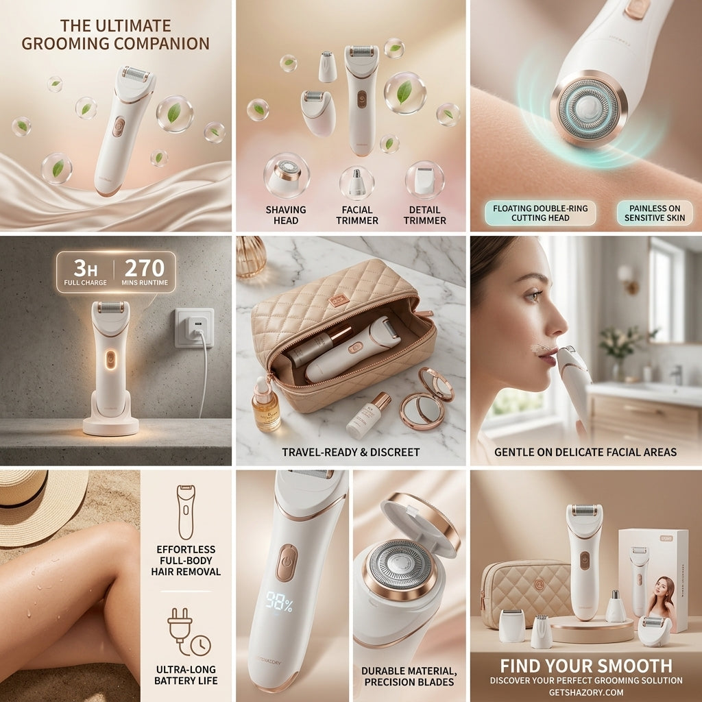 Comprehensive features collage for the Shazory 3-in-1 women’s electric shaver, highlighting the facial trimmer, long battery life, travel bag, and painless grooming on sensitive skin, available at getshazory.com