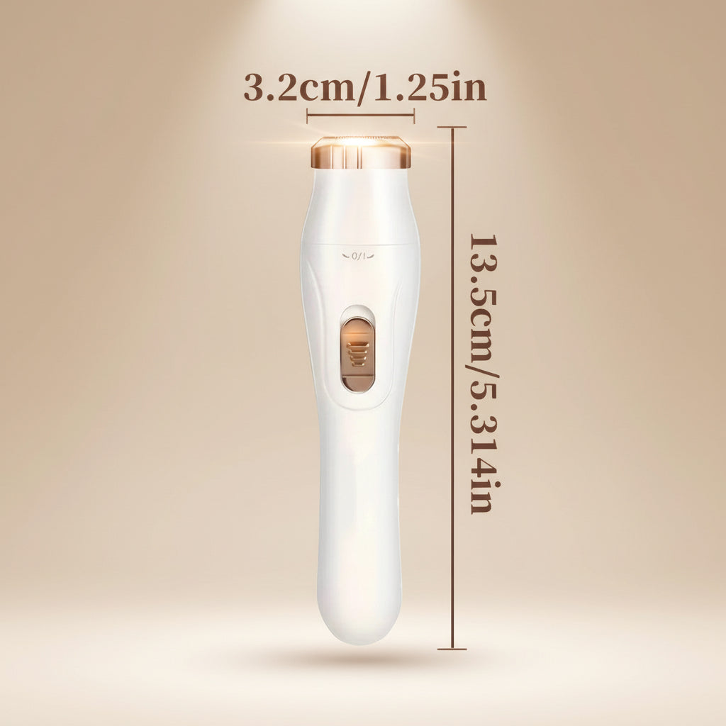 Size chart for the Shazory 3-in-1 women's electric shaver and trimmer showing compact dimensions of 13.5cm by 3.2cm for portable travel use, available at getshazory.com