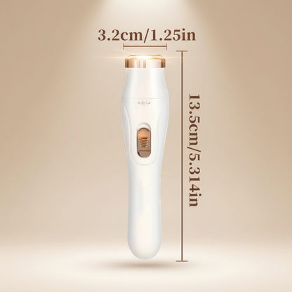 Size chart for the Shazory 3-in-1 women's electric shaver and trimmer showing compact dimensions of 13.5cm by 3.2cm for portable travel use, available at getshazory.com